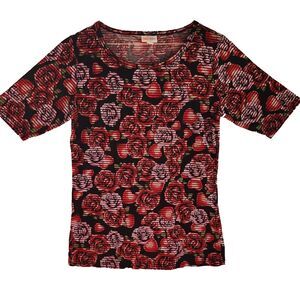 LuLaRoe Womens Medium Shirt Red Pink Rose Black Short Sleeve Straight Casual Top